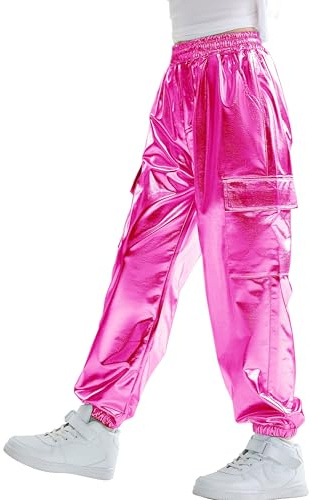 Rolanko Ragazze Pantaloni Cargo Metallizzati, Hip Hop da Ballo Streetwear con Vita Elastica per Bambini