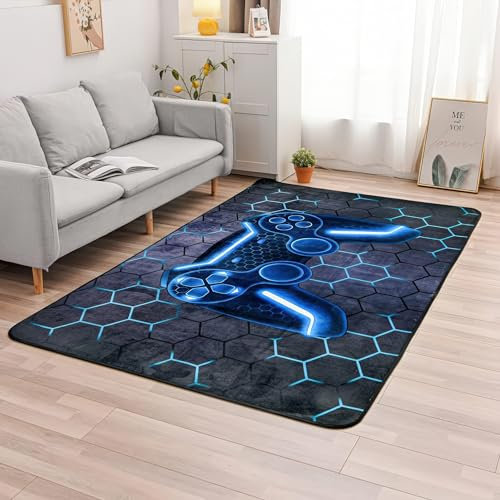 PEIHUODAN Gaming Video Game Area Rugs for Boys Teens, Modern Cool Tech Style Gaming Room Home Decoration Mat Gamer Controller Gamepad, Non-Slip Children Gaming Carpet (Blue,50x80cm)