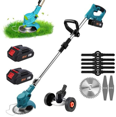 Débroussailleuse sans fil 800 W, 21 V, 18 000 tr/min, tige télescopique réglable (90-120 cm), avec 5 lames en plastique, lames rondes en métal, silencieuse et sûre, pour jardin, cour, pelouse (2