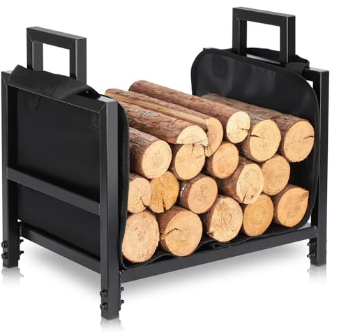FEED GARDEN Kaminholzregal Outdoor Indoor mit Holztragetasche, 45 cm robuster Stahlholzhalter für Kamin, kompaktes Holzregal für Kaminholzaufbewahrung, Schwarz