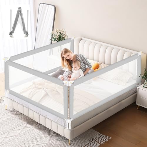 Ikodm Bettgitter 200cm, Bettgitter Rausfallschutz Bett Klappbar mit U-förmige Basis, Bettschutzgitter Kinderbettgitter Hoch 68 bis 95cm für Kinder & Elternbetten, Grau, 2 Stück