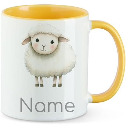 GRAZDesign Personalisierte Kinder Tasse mit Schaf - Gelbe Kaffeebecher mit Namen Keramik 330ml