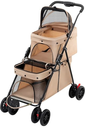 Dubbla lager barnvagn för hund katt djur, resor djur, hopfällbar hund katt fyra hjul vagn/jogger barnvagn/buggy barnvagn - 67 x 50 x 95 cm - färg kaffe mjölk