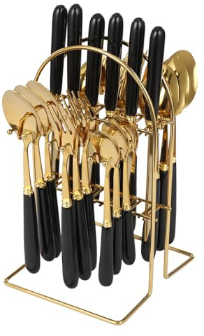 24Pcs Stand Hanging Flatware Set, Mirror Polished Tableware Set, Flatware Set Stand with Metal Hanging Stand, Knife, Fork and Spoons, Setfor 6 Person (Black)