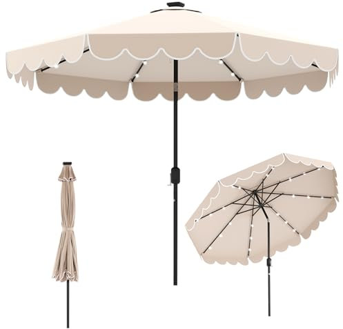 COSTWAY 300 cm Sonnenschirm mit LED-Beleuchtung, Gartenschirm mit Kurbel und Volant, beidseitig um 35° knickbar, Terrassenschirm mit 8 Rippen, Marktschirm für Balkon, Garten, Terrasse (Beige)