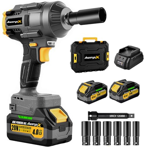 AwxryoX Cordless Impact Wrench, 1500N.m Electric Impact Gun with 2 x 4.0Ah Batteries, Fast Charger, Impact Driver Kit for Home, Car, Truck