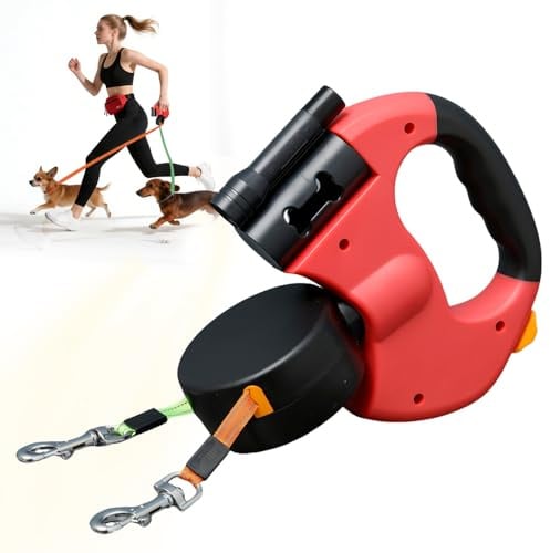 3m Hundeleine Doppelleine für 2 Hunde, Rollleine Einziehbare Hundeleine mit LED Licht, Automatische Hund Versenkbar Leine, Flexileine, Anti Rutsch Griff für Kleine Und Mittelgroße Hunde(Rot)