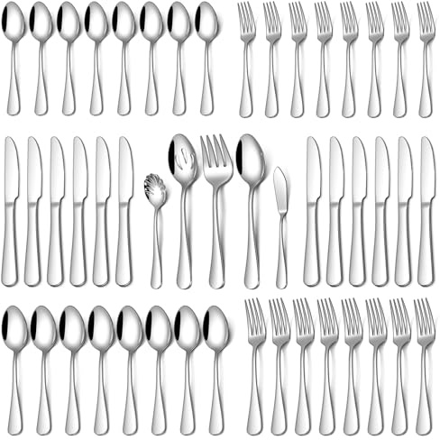 45 Piece Silverware Set for 8 with Serving Utensil Set, Food-Grade Stainless Steel Flatware Set Include Forks Spoons Knives, Dishwasher Safe for Home Hotel Restaurant Wedding, Mirror Polished