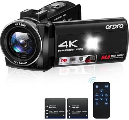 ORDRO Videocamera 4K 64MP Zoom 18X IR Visione notturna LED Fill Vlog Camera | Video 4K 30FPS e foto da 64 MP, schermo rotante da 3 pollici, schermo flip a 270 °, webcam, slow-mo, time-lapse.