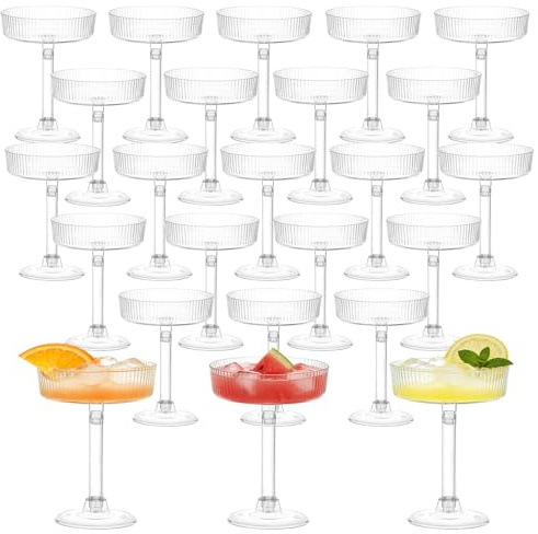 Rainmae 24 Pack Plastic Martini Glasses, 140ml Clear Reusable Cocktail Glasses with Detachable Base, One-Step Assemble Champagne Cups for Party, Wedding, Bar & Holidays