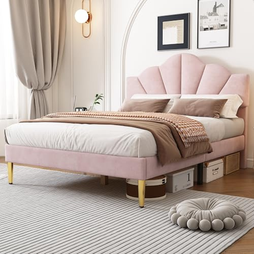 Goldicoo Lit capitonné 140 x 190 cm, lit double en forme de coquillage, velours rose, tête de lit réglable, sommier à lattes en bois, pieds en métal doré