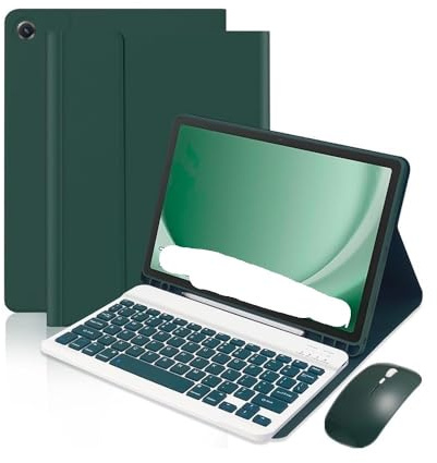 NXCVBNKZJ kuaijiexiaopu Lederhülle mit Stiftschlitz, Tastatur- und Maus-Set, geeignet for Samsung Galaxy Tab S10FE/S9 11 Zoll/S9FE 10,9 Zoll, universell(Dark Green+Keyboard+Mouse)