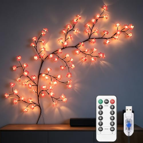180cm 144 LEDs Willow Vine mit Fernbedienung, Lichterkette Kirschblüten deko, 8 Modi, USB-Betriebene Timer, Kirschblüten Zweige Weidenrebe Baum Lichter für Schlafzimmer Weinachtsdekorationen Wedding