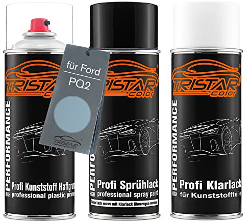 TRISTARcolor Autolack Spraydosen Set für Kunststoff Stoßstange für Ford PQ2 Tonic Metallic Haftgrund Basislack Klarlack mit Weichmacher Sprühdose
