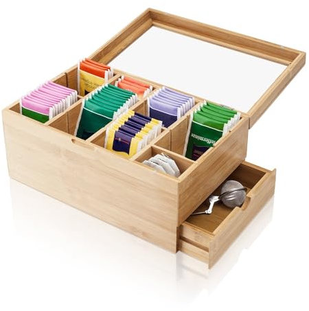AMAZY | Boîte à thé en bois pour sachets de thé (Extra Large) - 31 x 19 x 14.5cm - Boîtes à thé décoratives en bois pour sachets de thé avec 8 diviseurs ajustables et tiroir