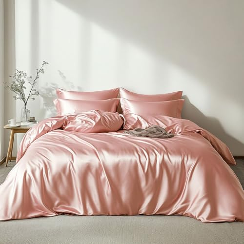 Lanqinglv Bettwäsche Set 135x200cm Rosa Satin Seide Seidig 2 Teilig Luxus Romantisch Bettbezug mit Reißverschluss und Kissenbezug 40x80cm