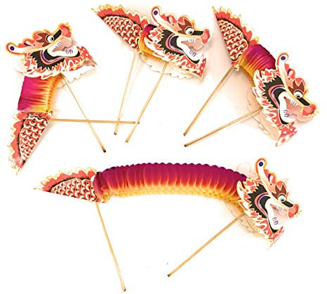 Caprilite Lot de 4 grandes marionnettes chinoises en papier en forme de dragon sur bâton pour enfants Décoration de Nouvel An chinois Jouet Cadeau,Rouge,Rose,Or Jaune