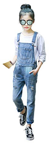 KIDSCOOL SPACE Salopette di jeans per bambina, abbigliamento da lavoro in jeans strappati da bambino grande, Azzurro, 8-9 anni