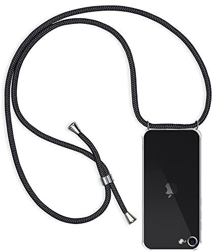 Handykette Hülle für iPhone 7/8/SE 2020, Transparent Silikon Handyhülle mit Band für iPhone 8/7/ SE 2020 Schutzhülle mit Kordel, Rosyheart Klar Weiche TPU Case Cover zum Umhängen Halskette - Schwarz