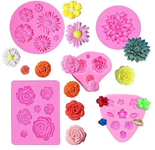 5 PCS Flower Silicone Mould Chocolate Rose Fondant Moulds Cute 3D Flowers Icing Cake Silicone Daisy Mould for Wax Melts Cake Decorating Baking Soap Candy Jelly Sugarcraft