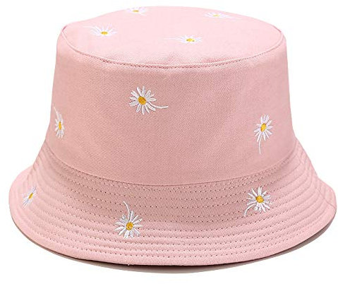 Umeepar Bestickte Fischerhut Reversible Sonnenhut Sommerhut Hut for Damen Herren (Gänseblümchen Rosa/Schlicht rosa)