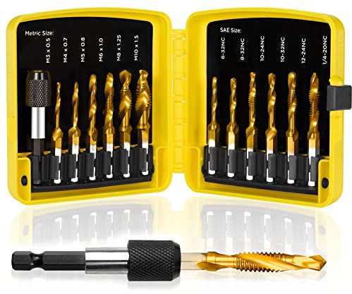 TOPEC Tap Bit Set, 3-in-1 HSS Titanium Coated Combination Drill and Tap Set for Drilling, Tapping and Countersinking, SAE/Metric Threading Drill bit Kit with Quick-Change Adapter, 13-Piece