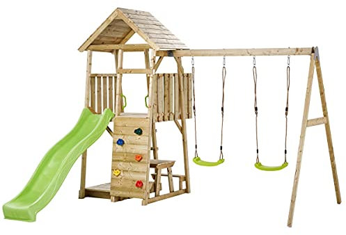 KANGUI Aire de jeux portique en bois WOODI - Double balançoire, toboggan, mur d'escalade, bac a sable, table pique nique, cabane, échelle