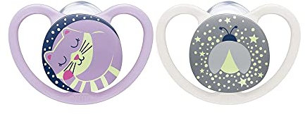 NUK Space Night Schnuller | 6-18 Monate | Lollipop mit extra großen Lüftungsschlitzen leuchtet im Dunkeln | BPA-freies Silikon | Katze und Marienkäfer | 2 Stück