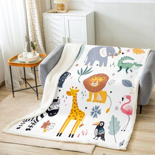Sherpa-Decke für Kinder, Zoo, niedliche Wildtiere, Fleece-Überwurf, Decke