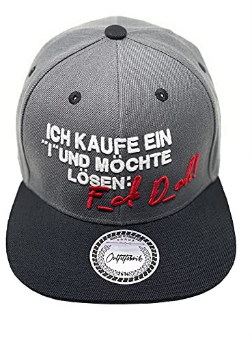 Outfitfabrik Snapback Cap Ich kaufe EIN i und möchte lösen in dunkelgrau mit schwarzem Schirm und 3D-Stick (Lifestyle, Provokation, Statement), One Size, für Männer und Frauen, verstellbar
