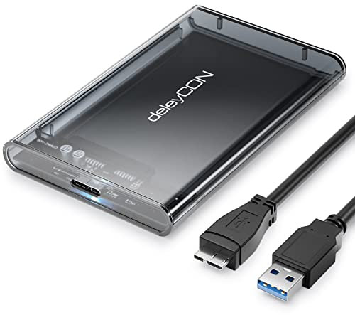 deleyCON Caja para SSD USB A (5Gbps USB 3.1) para Discos SATA 3 de 2,5 SSD / HDD / 7 mm hasta 9,5 mm SATA III - Caja Externa UASP [Gris Transparente]