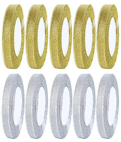 Allazone Glitzer Metallic Bänder, 22 Meters jede Rolle, Geschenkband für Geschenke Verpackung Dekorationen (Gold & Silber, 1cm)