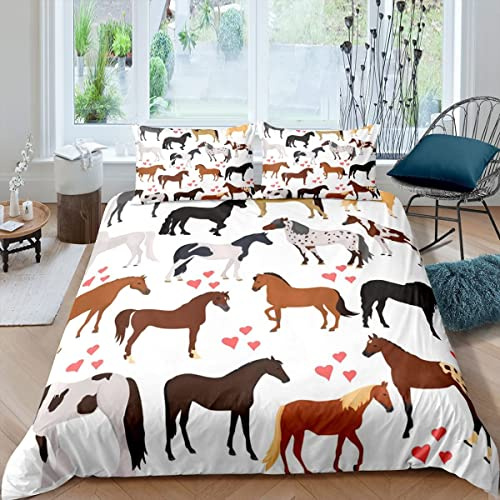 Horse Bedding Set King Size Farm Duvet Cover Kids Boys Girls Teens Cute Animal Comforter Cover Cartoon Horses With Pink Lover Heart Decor Kawaii Quilt Cover Cowboy Cowgirls Duvet Cover
