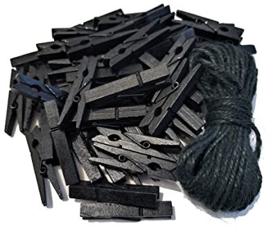 Lot de 50 pinces à linge en bois noir de 5,1 cm pour photos d'Halloween, loisirs créatifs, pinces à linge avec ficelle de jute