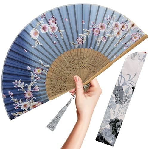 OMyTea Folding Hand Fan for Women - Foldable Chinese Japanese Vintage Bamboo Silk Fan - for Hot Flash, Church, Decoration, EDM, Music Festival, Dance, Party, Performance, Gift (Gray Redbud)