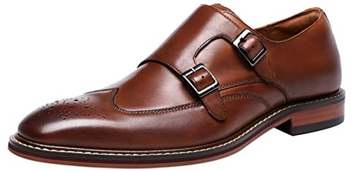 Zapatos de Doble Monje para Hombre, de Cuero, con Correa de Hebilla clásica, sin Cordones, con Punta de ala, Informales, para Boda, Mocasines Brown 44 EU
