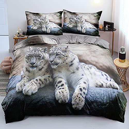DXHOME Leopardenmuster Bettwäsche 200x220 3D Effekt Tiermotiv Bettzeug Weiche Hochwertige Weiß Mikrofaser Bettwäsche 3teilig für Paare Doppelbett mit Reißverschluss und 2 Kissenbezüge 80x80 cm