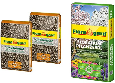 Floragard Blähton Tongranulat zur Drainage 2x25 L & Florahum Pflanzerde 70 L • Universalerde • für Blumenbeete, Stauden, Sträucher, Gehölze und andere Gartenpflanzen