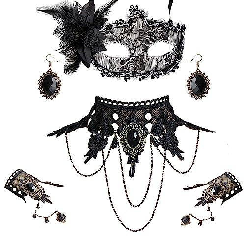 Vastsea Gotisch Choker Halskette Armbänder Schmuck, Halsband Vampir Armband Lace, Collier Kette Fingerlose Handschuhe, für Halloween Ostern Lolita Spitze Schwarz Geschenk, Halloween Damen
