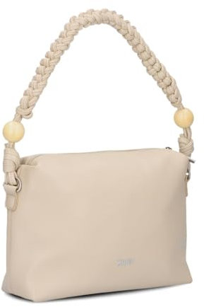 Zwei Damen Handtasche Perla PE60 im Boho-Look 3 Liter Perlen-Verzierung geflochtener Makramee-Tragegurt + langer Schultergurt - 3-in-1 Handtasche, Umhängetasche & Crossbody Bag (sand)