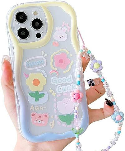 ECZOIL Compatible with iPhone 14 Pro Max Case with Chain,Cute Floral Bear Clear Gradient Design Aesthetic Women Teen Girls Kawaii Phone case for iPhone 14 Pro Max Cover+Flower Colorful Chain