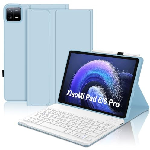 JADEMALL Funda con Teclado para Xiaomi Pad 6/6 Pro 11, Teclado Bluetooth Inalámbrico Desmontable Magnético con Funda Protectora Delgada para Tablet Xiaomi Pad 6/6 Pro 2023 11 Pulgadas, Azul Claro