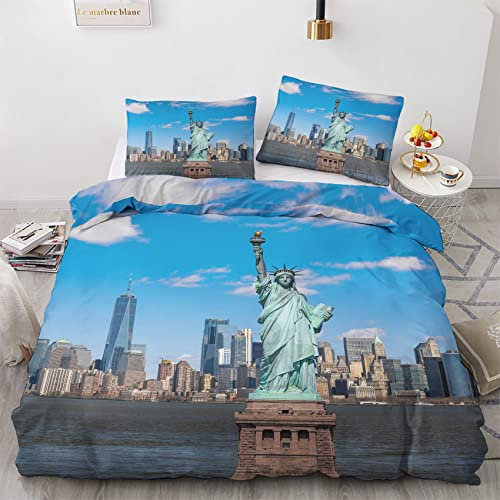 GEDAEUBA Usa Freiheitsstatue Bettwäsche 155x220 - New York Bettbezug 155x220 3 teilig, Wendebettwäsche und Kissenbezug 80x80, Weiche & Angenehme Mikrofaser Bettwäsche-Sets mit Reißverschluss