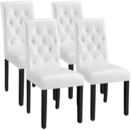 Yaheetech Lot de 4 Chaises de Salle à Manger en Similicuir Haut Dossier Capitonné et Assise Rembourrées Chaises de Cuisine Pieds en Bois Massif de Chêne Salon Chambre 45,5 × 60,5× 98 cm Blanc