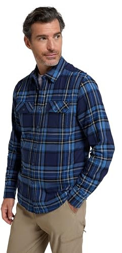 Mountain Warehouse Trace Mens Flannel Long Sleeve Shirt - Lightweight & Breathable Casual Checks Shirt in 100% Cotton with Buttoned Front Pockets - for Travel & Walking Dark Blue XXS