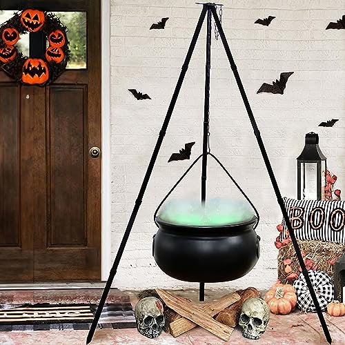 Witches Cauldron - Large Black Plastic Bowl on Tripod with Lights, Outdoor Halloween Decor Witch Pot Candy Bucket for Yard, Garden