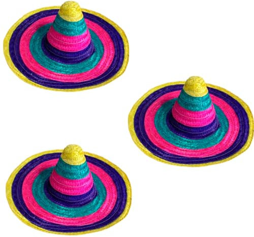 Acan Tradineur - Pack de 3 clásicos sombreros mexicanos multicolor para jóvenes y adultos. Carnaval, halloween y celebraciones. Tamaño: 55 x 20 cm