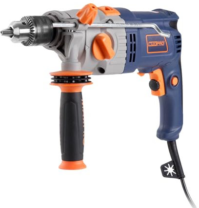 Trapano a Percussione MAXPRO 1050W 2800RPM, Pulsante a Velocità Variabile, Funzione Martello e Trapano 2 in 1, Mandrino da 13 mm, Impugnatura Rotante a 360°