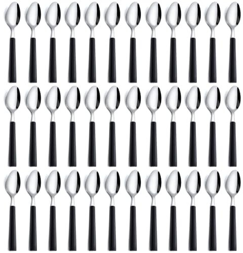 Pleafind Spoons Set of 36, Stainless Steel Dessert Spoons with Black Handles, Spoon Set for Home/Kitchen/Restaurant, Mirror Polished Table Spoons, Dinner Spoons Cutlery Set, 7.4 Inch, Dishwasher Safe