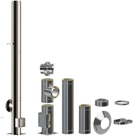 Edelstahlschornstein Bausatz doppelwandig | 0,5mm Wandung | 30mm Dämmung | DN 120mm gestreckte Länge 4,2m| Esse Schlot Kamin